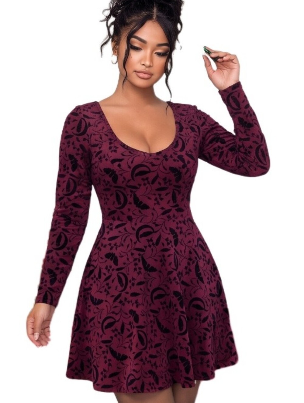 MODCLOTH x COLLECTIF Women's Retro Burgundy Pleated Witchy Bat Mini Dress 12